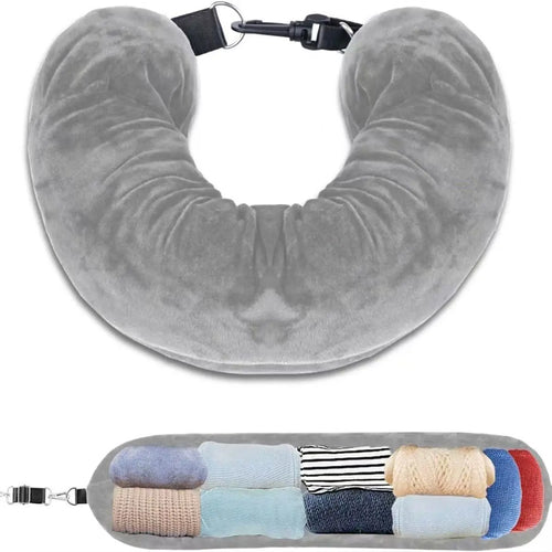 Airplane Travel Sleeping Pillow - U-Shaped Velvet Pillowcase, Fillable Design with Storage Pouch