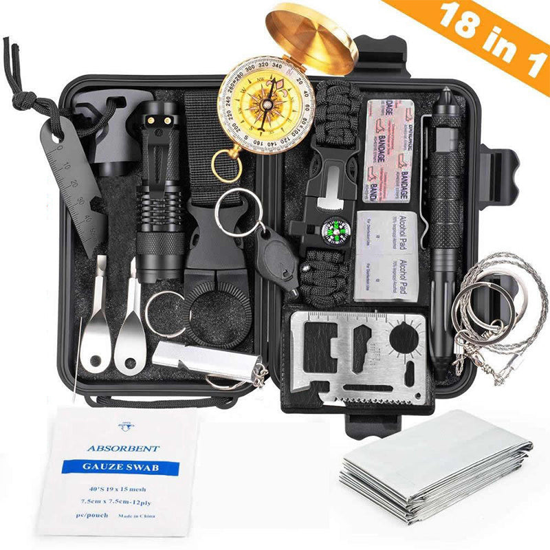Military-grade outdoor travel survival kit with mini camping tools, emergency bracelet, whistle, blanket and knife.